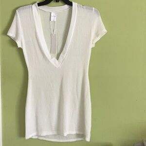 White V-Neck Short Sleeve Top L